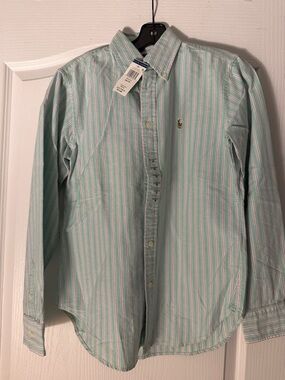 Ralph Lauren Mint Green, White & Pink Stripe Oxford Button-Down Shirt.